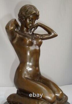 Bronze Statue: Nude Lady with Sexy Art Deco Style Necklace and Art Nouveau Style