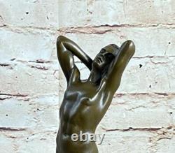 Bronze Statue Signed Art Deco Nude Sculpture Figurine on Marble Base