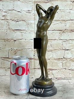 Bronze Statue Signed Art Deco Nude Sculpture Figurine on Marble Base