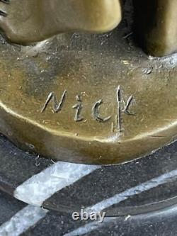 Bronze Statue Signed Art Deco Nude Sculpture Figurine on Marble Base