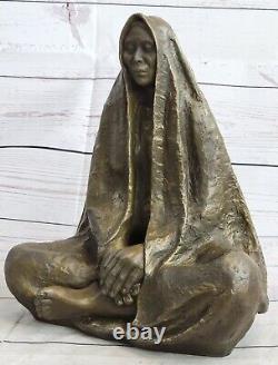 Bronze Statue of Indian Chief Native American Sitting Art Deco Western Sculpture