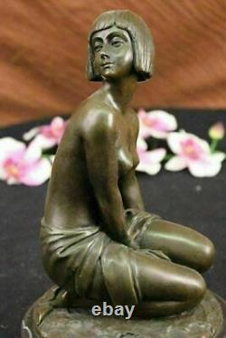 Bronze Statue of Young Girl in Thought Art Deco Sculpture on Marble Figure