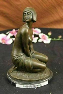 Bronze Statue of Young Girl in Thought Art Deco Sculpture on Marble Figure