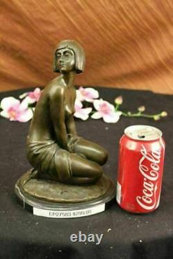 Bronze Statue of Young Girl in Thought Art Deco Sculpture on Marble Figure