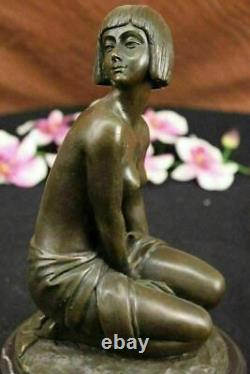 Bronze Statue of Young Girl in Thought Art Deco Sculpture on Marble Figure