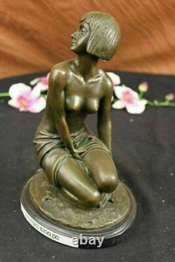 Bronze Statue of Young Girl in Thought Art Deco Sculpture on Marble Figure