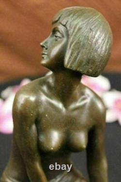 Bronze Statue of Young Girl in Thought Art Deco Sculpture on Marble Figure