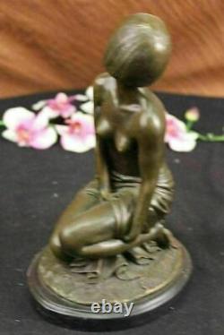 Bronze Statue of Young Girl in Thought Art Deco Sculpture on Marble Figure