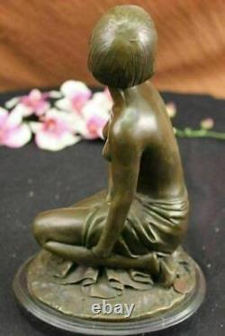 Bronze Statue of Young Girl in Thought Art Deco Sculpture on Marble Figure