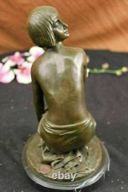 Bronze Statue of Young Girl in Thought Art Deco Sculpture on Marble Figure