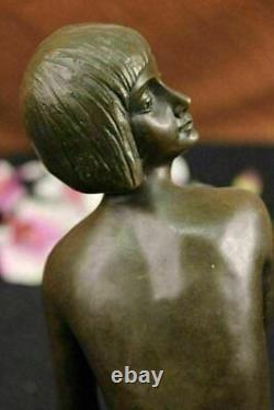 Bronze Statue of Young Girl in Thought Art Deco Sculpture on Marble Figure