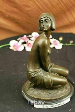 Bronze Statue of Young Girl in Thought Art Deco Sculpture on Marble Figure