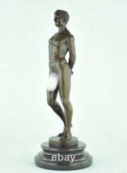Bronze Statue of a Sexy Nude Man in Art Deco Style with Art Nouveau Bronze Sign