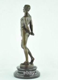 Bronze Statue of a Sexy Nude Man in Art Deco Style with Art Nouveau Bronze Sign