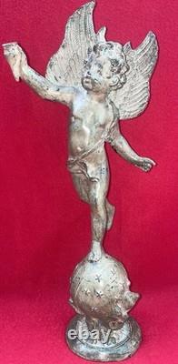 Bronze Winged Putto on Celestial Globe Sculpture, 20th Century Art Deco, 43 cm