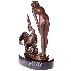 Bronze Woman Sculpture Art Deco with Pelican After Ernst Wenck