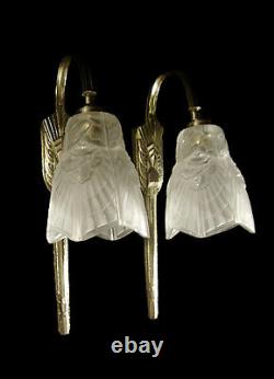 C. Ranc & Ejg Pair D Appliqués Art Deco Bronze & Tulips Glass Pressed 1930