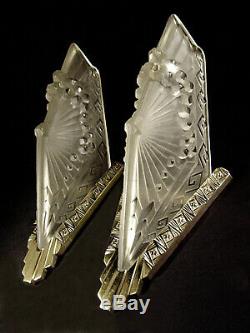 C. Schneider Dappliques Pair Art Deco Dragonflies In Bronze And Glass Pressed