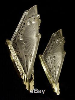 C. Schneider Dappliques Pair Art Deco Dragonflies In Bronze And Glass Pressed