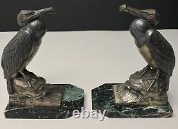 CORMORANTS BOOKENDS Art Deco signed FRECOURT marble base bronze patina