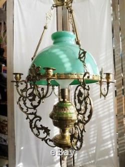 Ceiling Pendant Chandelier Bronze Dore Brass Copper Opaline Louis XV Style