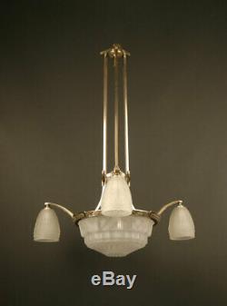 Chandelier Art Deco Bronze Old Silver And Glass Molded-pressed Frosted