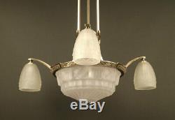 Chandelier Art Deco Bronze Old Silver And Glass Molded-pressed Frosted