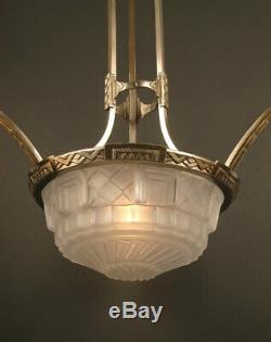 Chandelier Art Deco Bronze Old Silver And Glass Molded-pressed Frosted