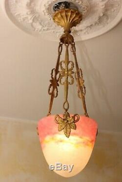 Chandelier Art Deco Pendant Lamp Bronze Pate De Verre Muller