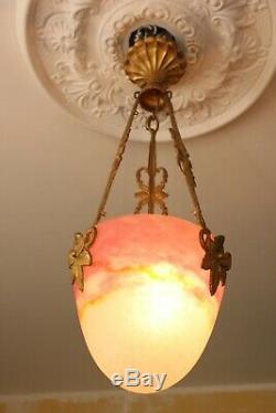 Chandelier Art Deco Pendant Lamp Bronze Pate De Verre Muller