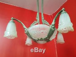 Chandelier Luster Plates Era Art Deco Bronze And Glass Mold Gilles