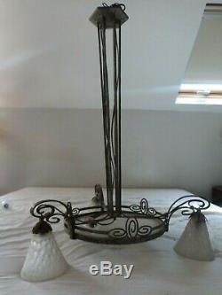 Chandelier Muller Brothers Lunéville Nickeled Bronze & Pressed Glass Molded Art Deco 1930
