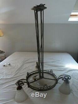 Chandelier Muller Brothers Lunéville Nickeled Bronze & Pressed Glass Molded Art Deco 1930