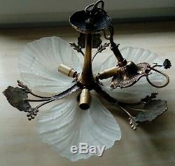 Chandelier Paste Shell Glass And Bronze Real Art Deco Style