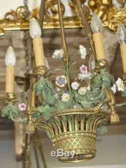 Chandelier Shape Basket In Bronze And Flowers Porcelain Louis XVI Style