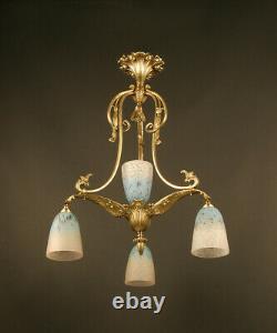 Chandelier Transition Art Nouveau / Art Deco Bronze And Glass Schneider