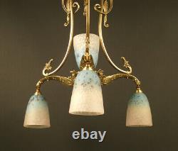 Chandelier Transition Art Nouveau / Art Deco Bronze And Glass Schneider