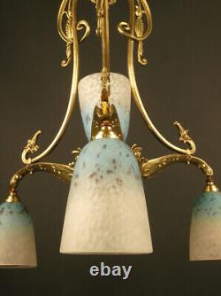 Chandelier Transition Art Nouveau / Art Deco Bronze And Glass Schneider