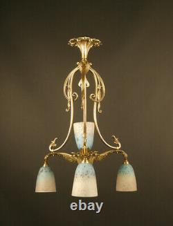 Chandelier Transition Art Nouveau / Art Deco Bronze And Glass Schneider