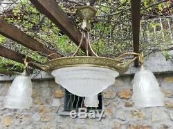 Charles Schneider Chandelier Art Deco Bronze Sink 3 Splendid Tulips