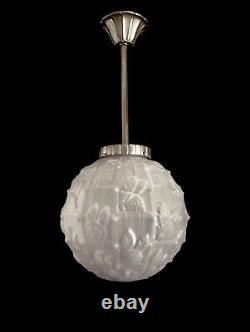 Cherrier & Besnus Art Deco Suspension in Nickel-Plated Bronze & Pressed Glass Globe