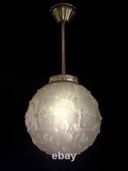 Cherrier & Besnus Art Deco Suspension in Nickel-Plated Bronze & Pressed Glass Globe