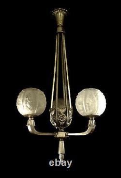 Cherrier & Besnus Chandelier Art Deco Bronze Nickel & Pressed Glass Globes 1930