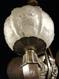 Cherrier & Besnus Chandelier Art Deco Bronze Nickel & Pressed Glass Globes 1930