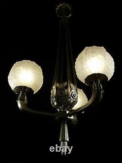 Cherrier & Besnus Chandelier Art Deco Bronze Nickel & Pressed Glass Globes 1930