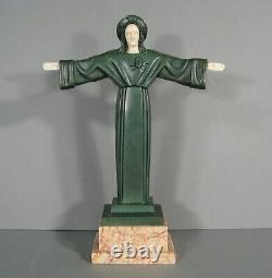 Christ Sacred Court Open Bras Sculpture Art Deco Bronze Old Signed Parpan