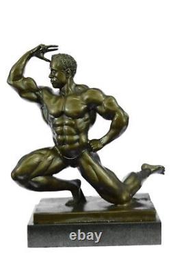 Classic Chair Muscular Male Figure Statue Sculpture Signed Bronze Art Deco