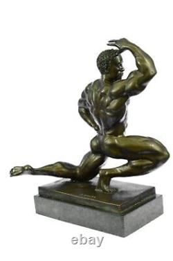 Classic Chair Muscular Male Figure Statue Sculpture Signed Bronze Art Deco