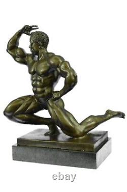 Classic Chair Muscular Male Figure Statue Sculpture Signed Bronze Art Deco