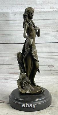 Collectible Statue of a Lily Girl in Bronze Art Deco Signed Moreau with Flowers